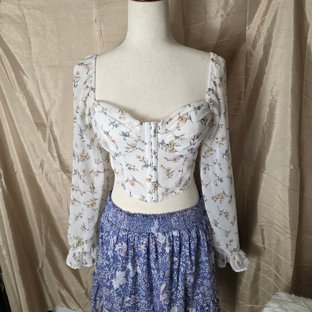 Windsor Floral Corset Crop Top White Long Sleeve Smocked Back PT41845KW Medium - Picture 1 of 7